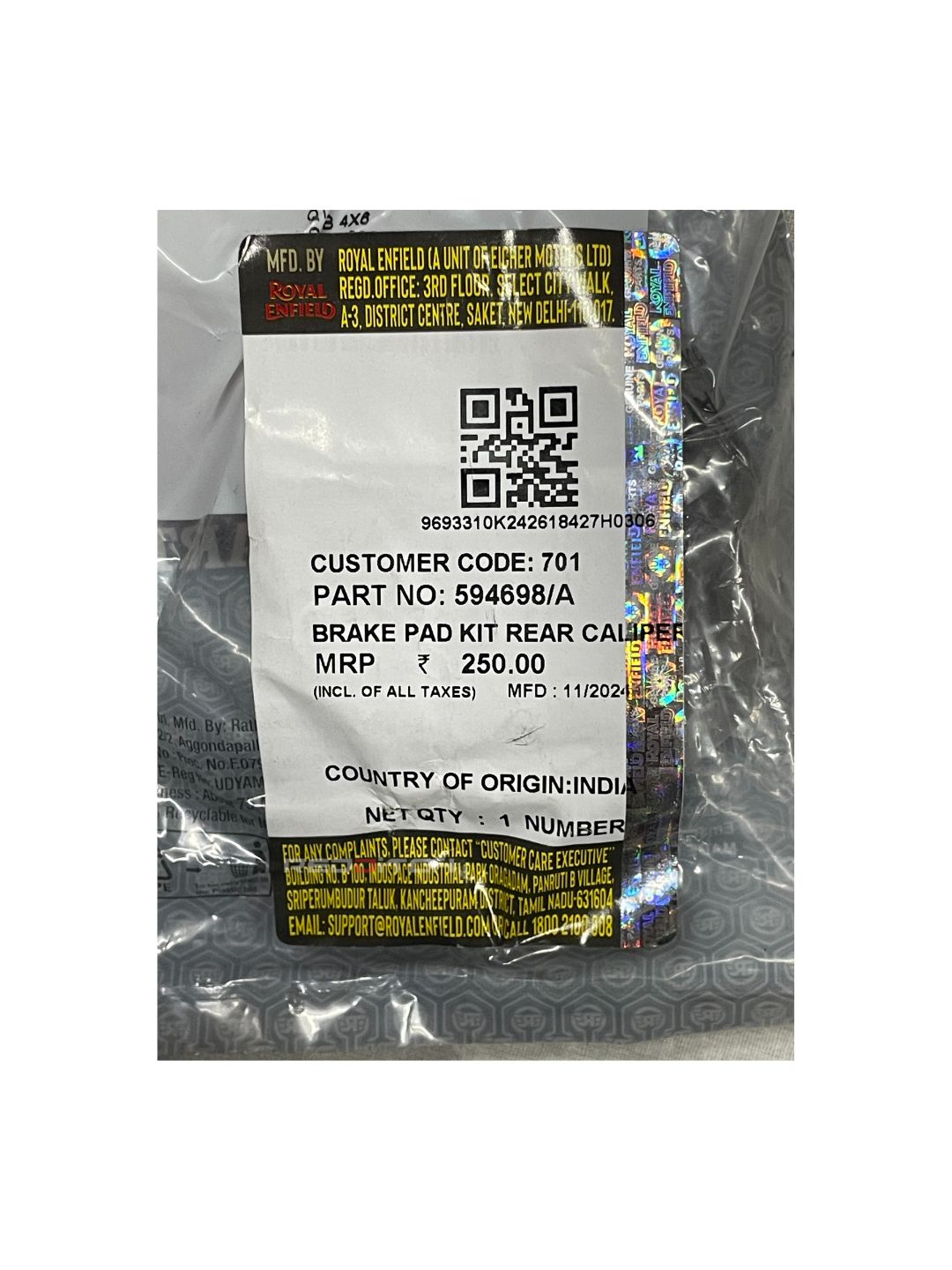 **ALT Text:** BRAKE PAD KIT REAR CALIPER (Part No: 594698/A) – High-performance rear caliper brake pad kit for superior stopping power and durability. Ensures safety and reliable braking efficiency. Available at the **best motor accessory shop in India**.