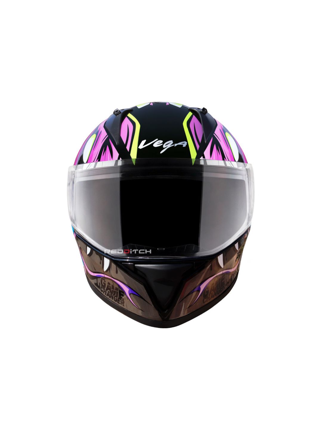 Vega Bolt Game Changer, a stylish and compact motorcycle helmet featuring bold graphics, advanced safety features, and superior comfort, perfect for daily rides and adventures