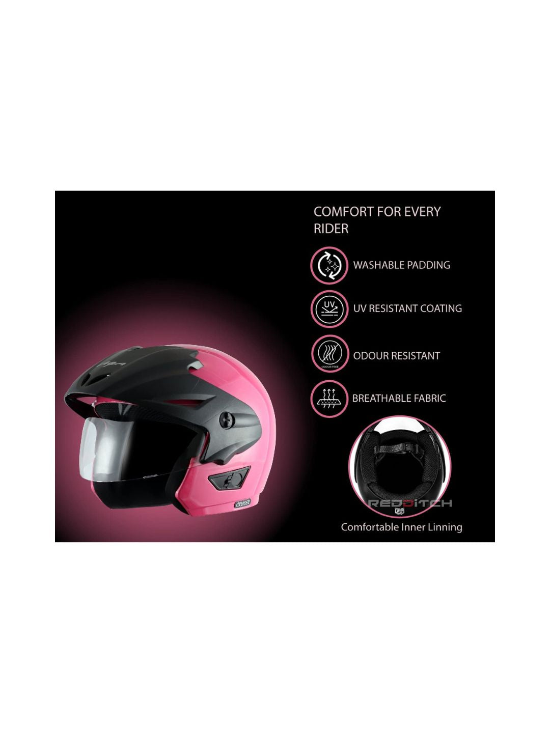 **Vega Cruiser DX W/P Solid Pink** – A stylish open-face helmet with a vibrant pink finish, designed for comfort, safety, and a classic cruiser look.