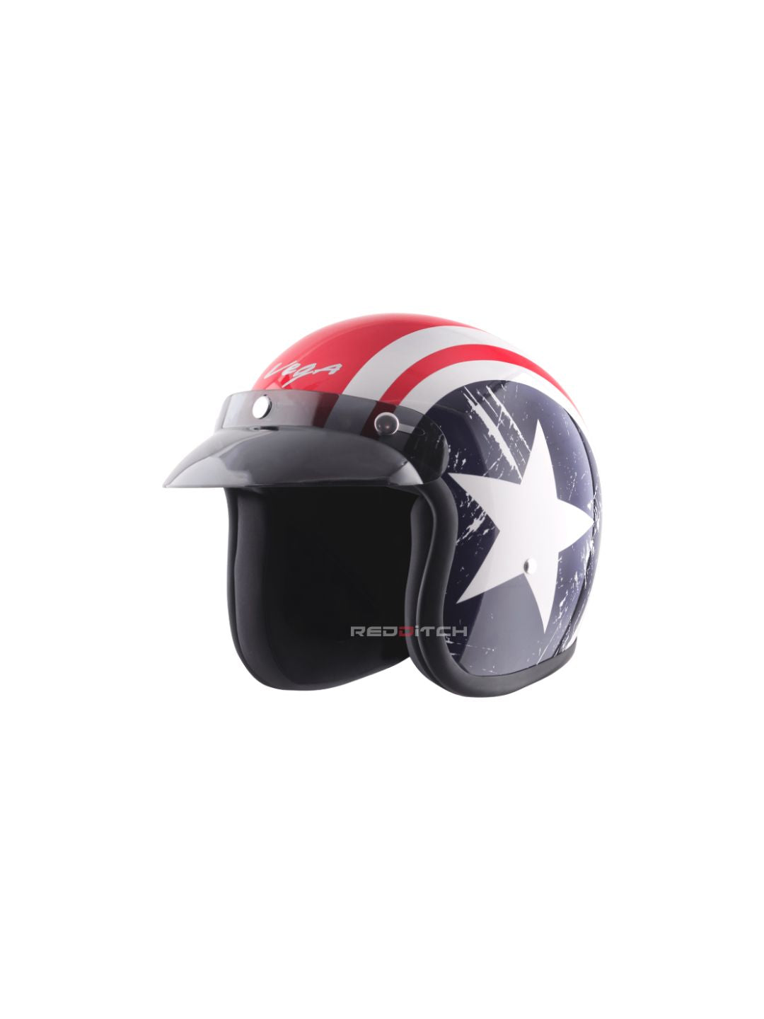 The VEGA Jet DX with Peak in Captain Red and Blue offers a bold and stylish design. This open-face helmet provides excellent visibility, comfort, and protection, making it ideal for city rides and short trips.