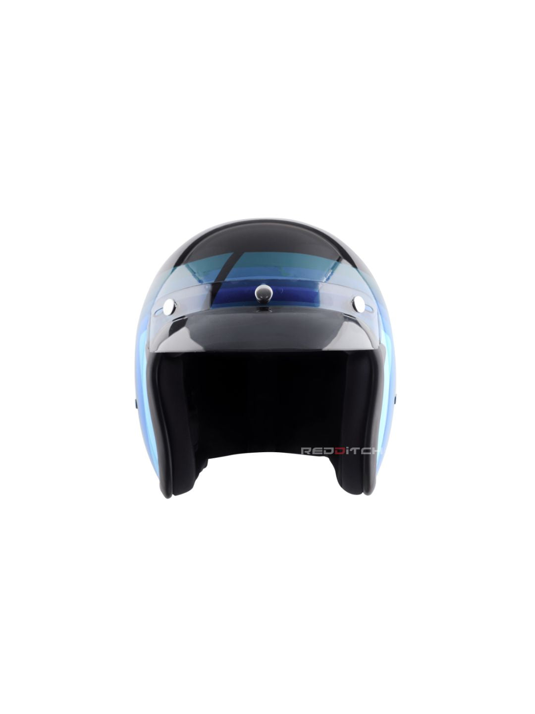 **Vega Jet DX Urban W/Visor Matte Black M. Blue** – A retro-style open-face helmet with a sleek matte black and blue finish. It features a high-impact shell, a wide visor for clear vision, and a comfortable interior for long rides. Ideal for urban riders who prioritize style and safety.