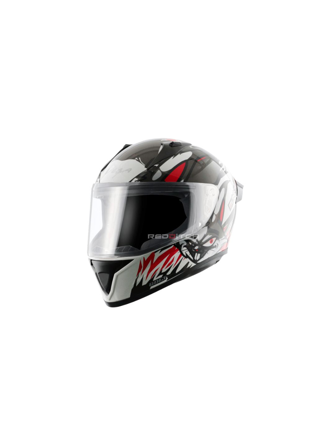 **Vega Bolt DX Bunny White Red** – A sporty full-face helmet with a striking white and red design. It features a high-impact shell, aerodynamic shape, and a secure fit for enhanced safety and comfort.