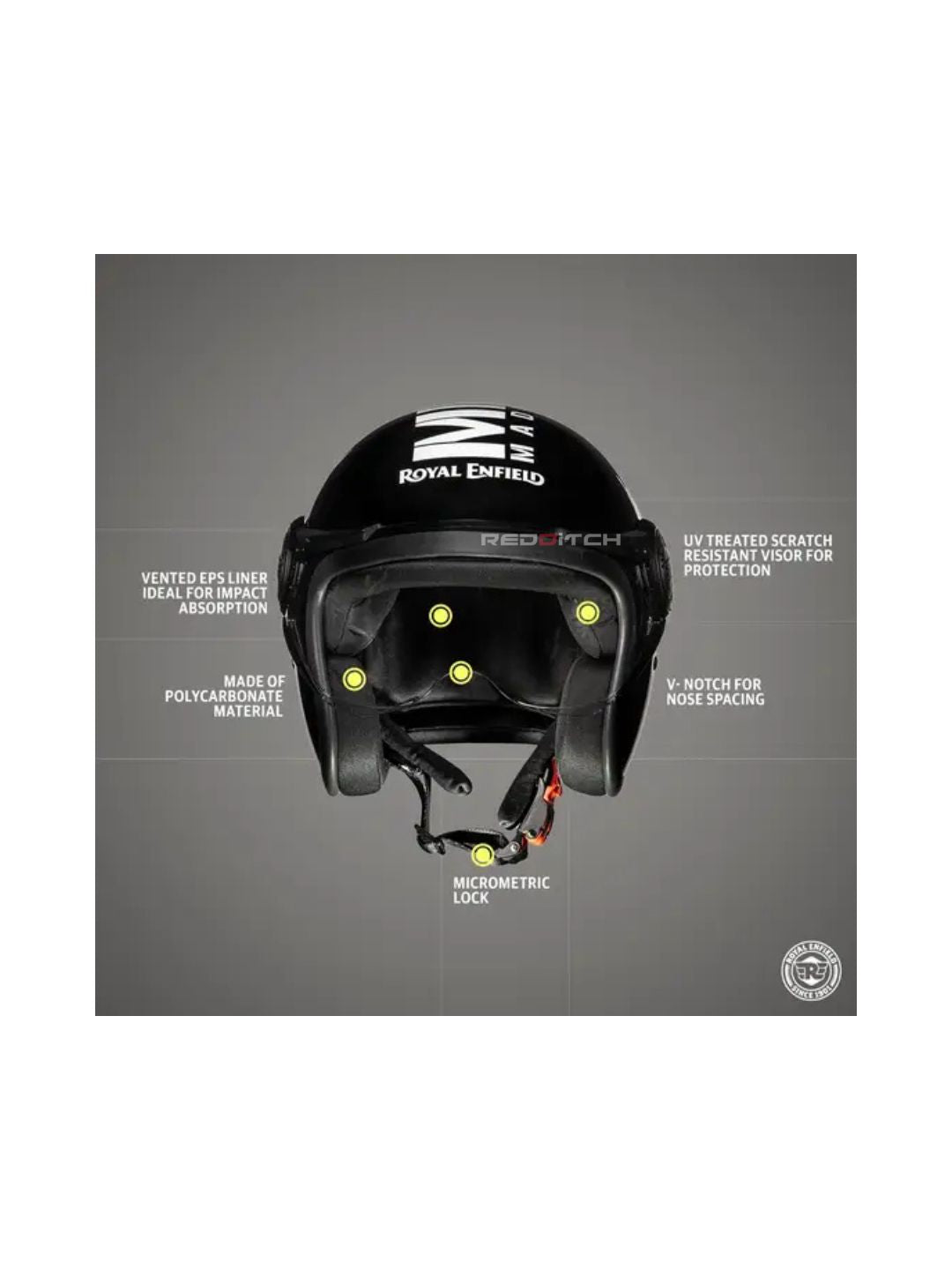 The Royal Enfield HESS22002 OP MLG Gloss Black helmet combines premium safety features with a sleek, glossy black finish. Designed for comfort and durability, it’s perfect for riders seeking style and protection on every journey.