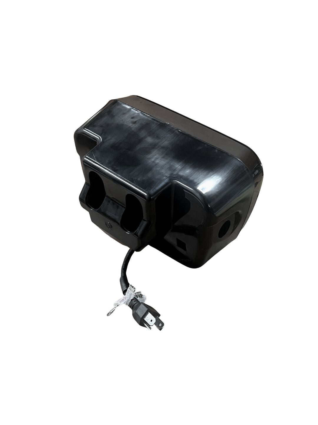 Black electrical plug on a white background