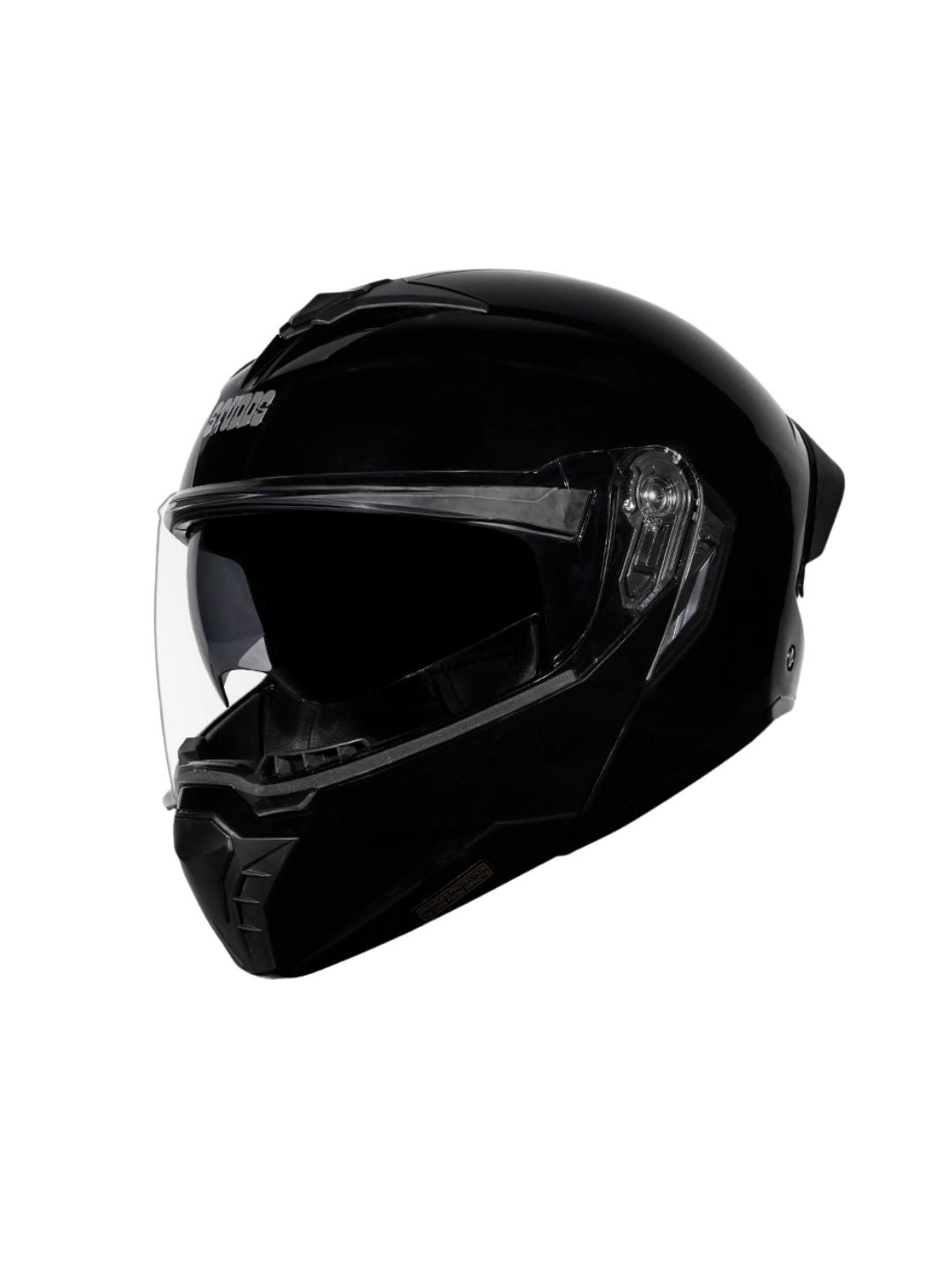 Black motorcycle helmet with clear visor on a white background