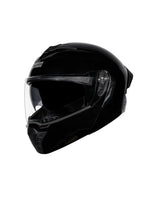 Black motorcycle helmet with clear visor on a white background
