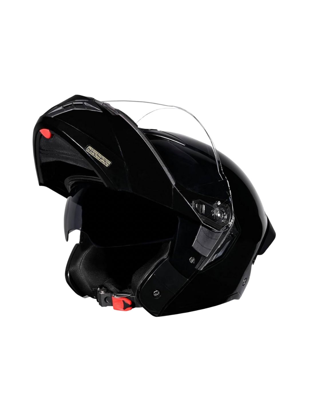 Black motorcycle helmet with clear visor on a white background