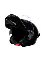 Black motorcycle helmet with clear visor on a white background