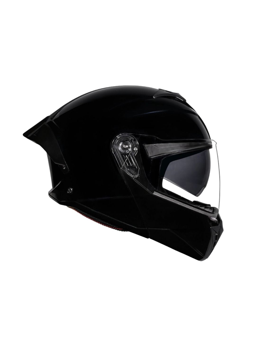 Black motorcycle helmet with clear visor on a white background