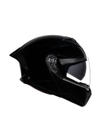 Black motorcycle helmet with clear visor on a white background