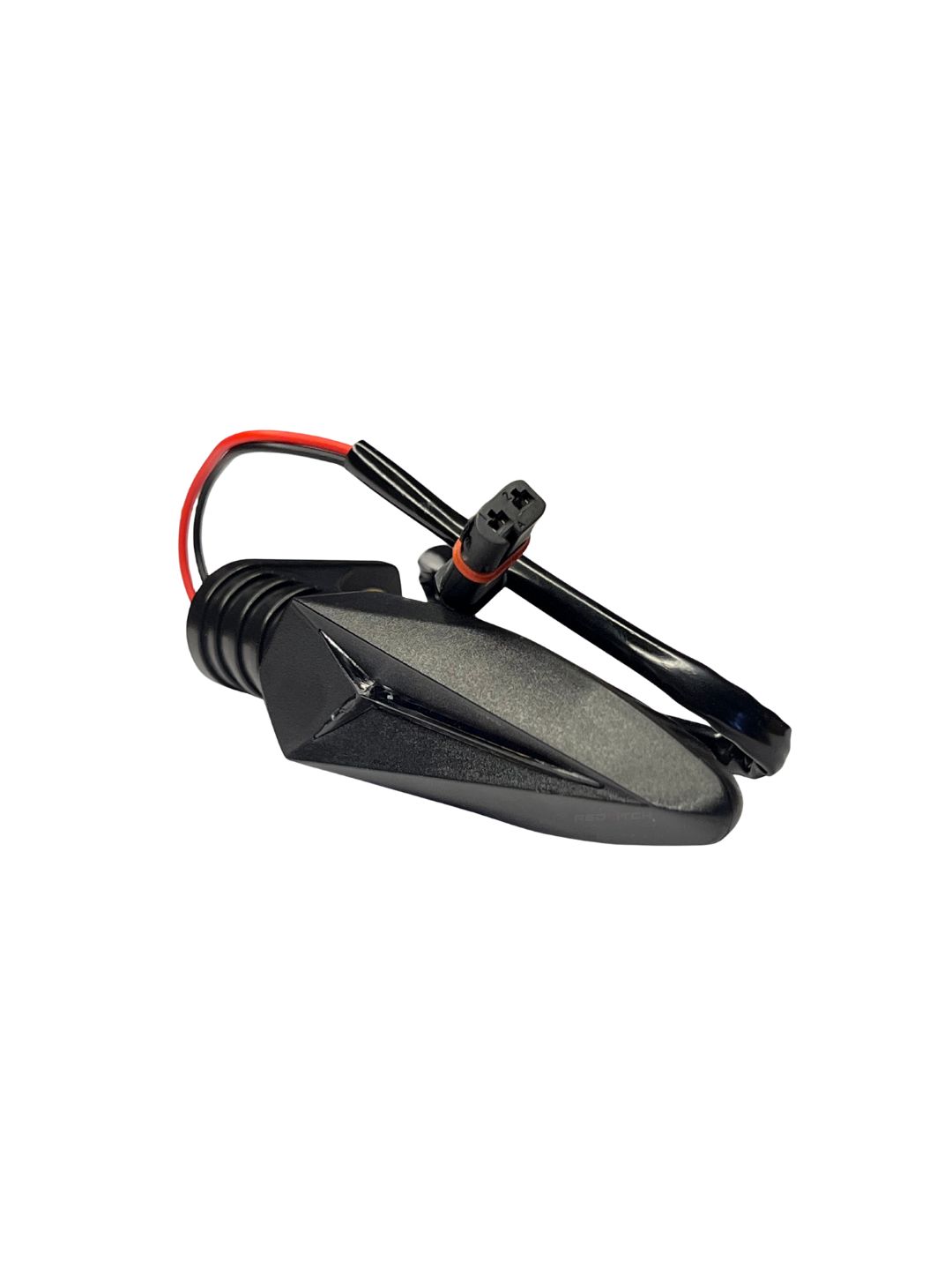 Black motorcycle mirror with red and black wiring on a white background