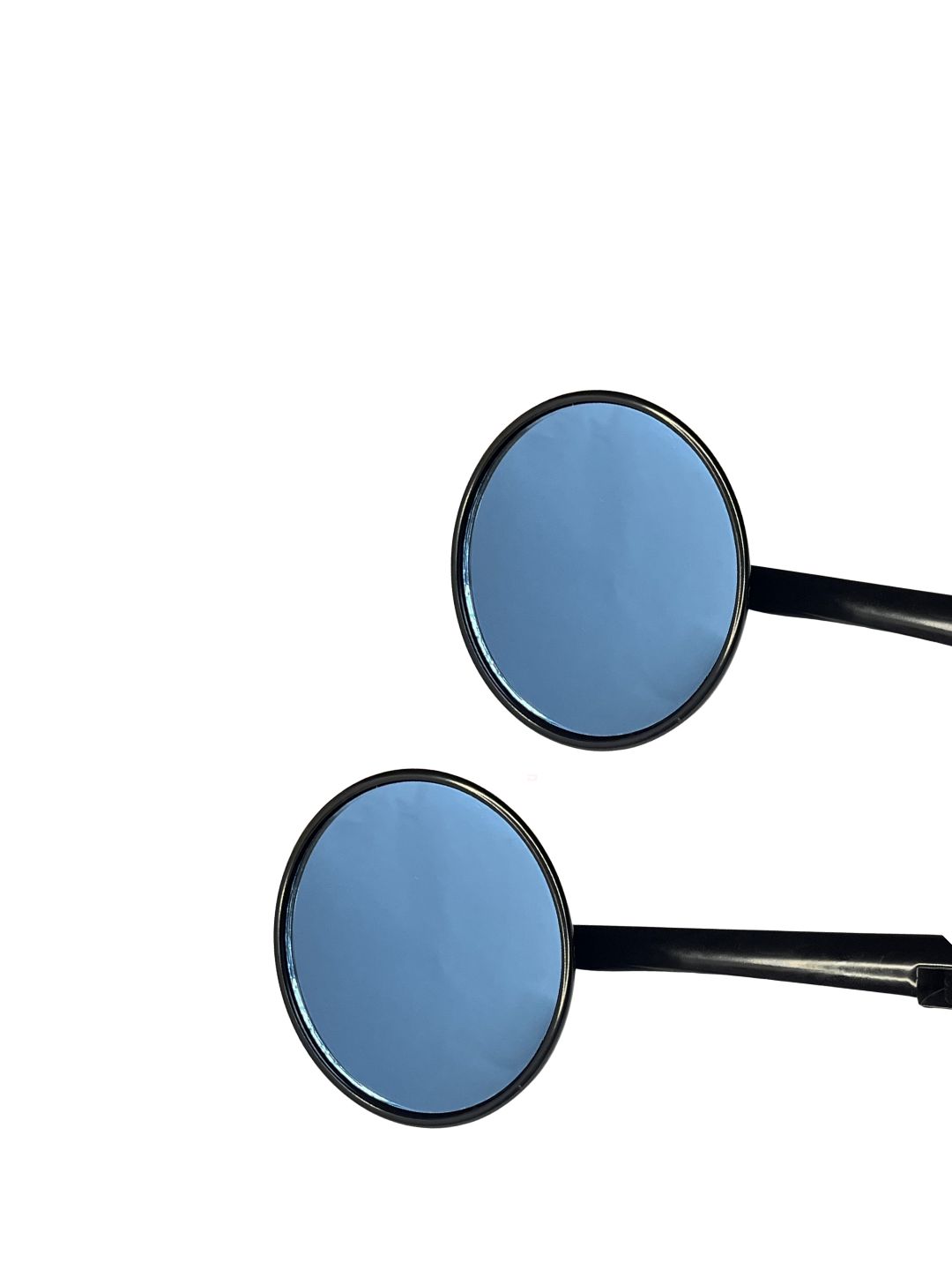 Two round blue mirrors with black frames on a white background