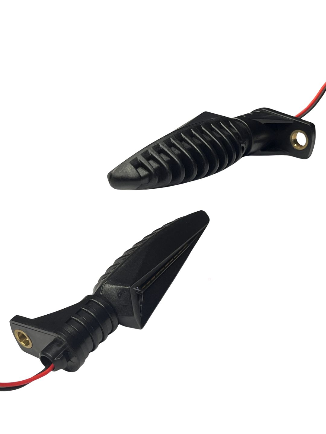 Two black motorcycle mirrors with red wires on a white background