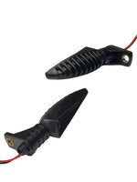 Two black motorcycle mirrors with red wires on a white background