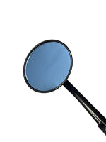 Round motorcycle mirror with black frame on a white background