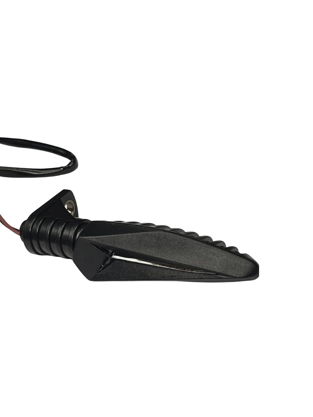 Black motorcycle turn signal on a white background