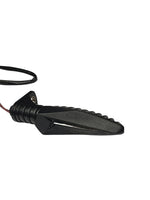 Black motorcycle turn signal on a white background