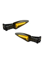 Two motorcycle turn signals with black and gold design on a white background