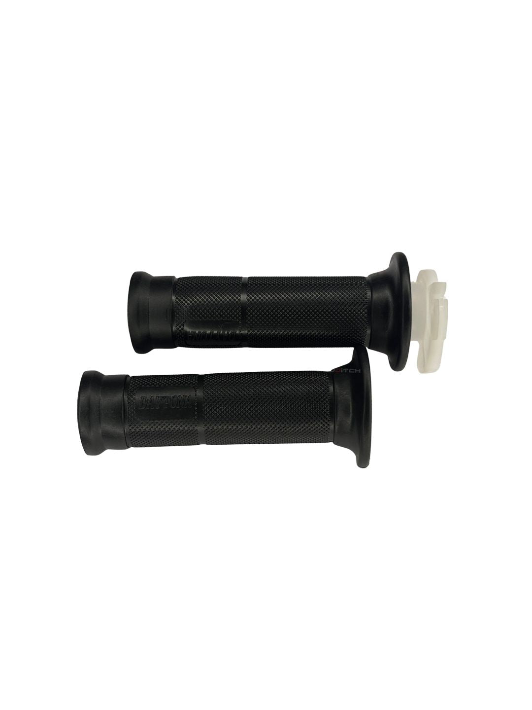 Pair of black motorcycle grips with a white background