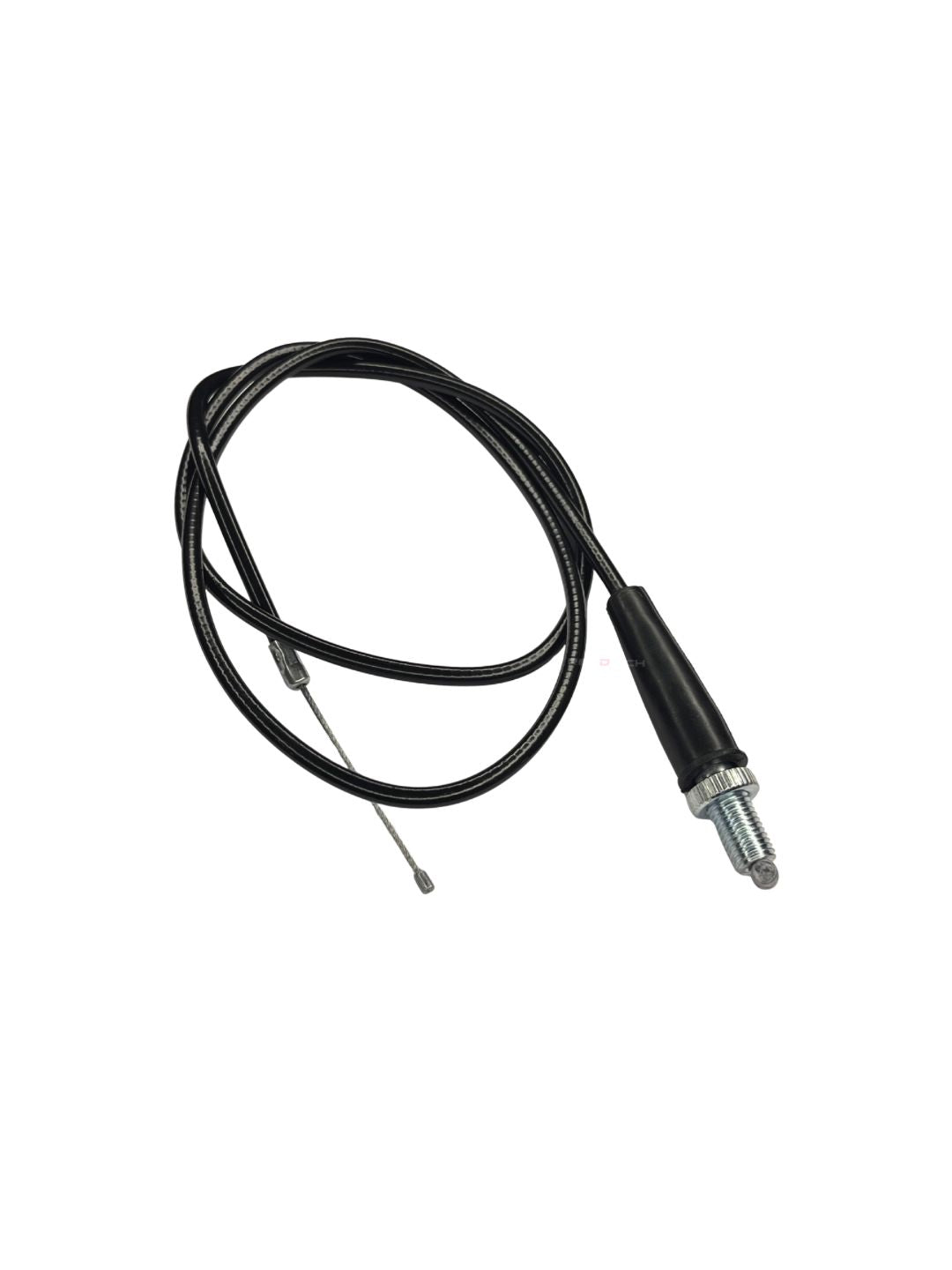 Black cable with a metallic connector on a white background