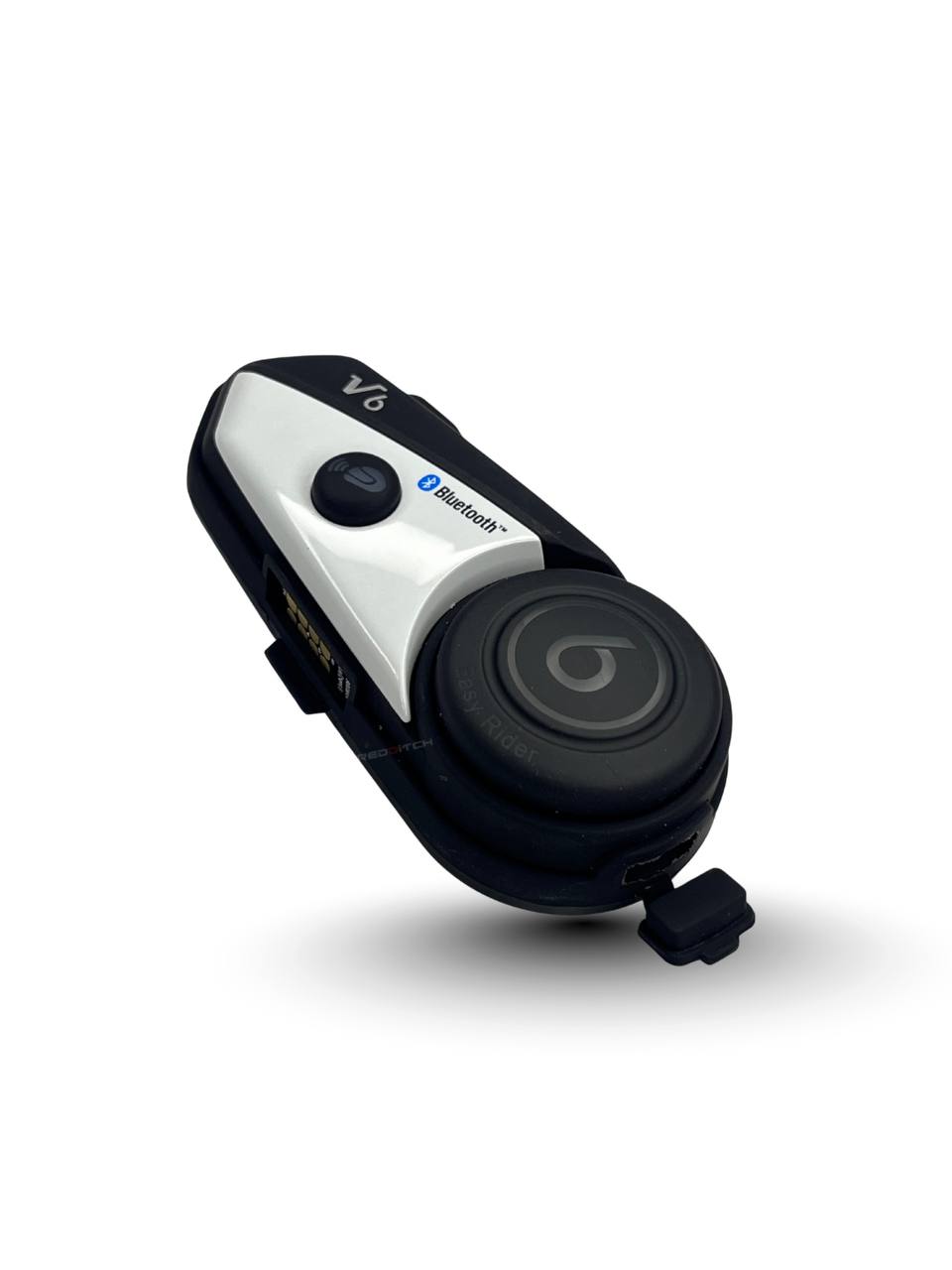 Black and silver Bluetooth communication device on a white background