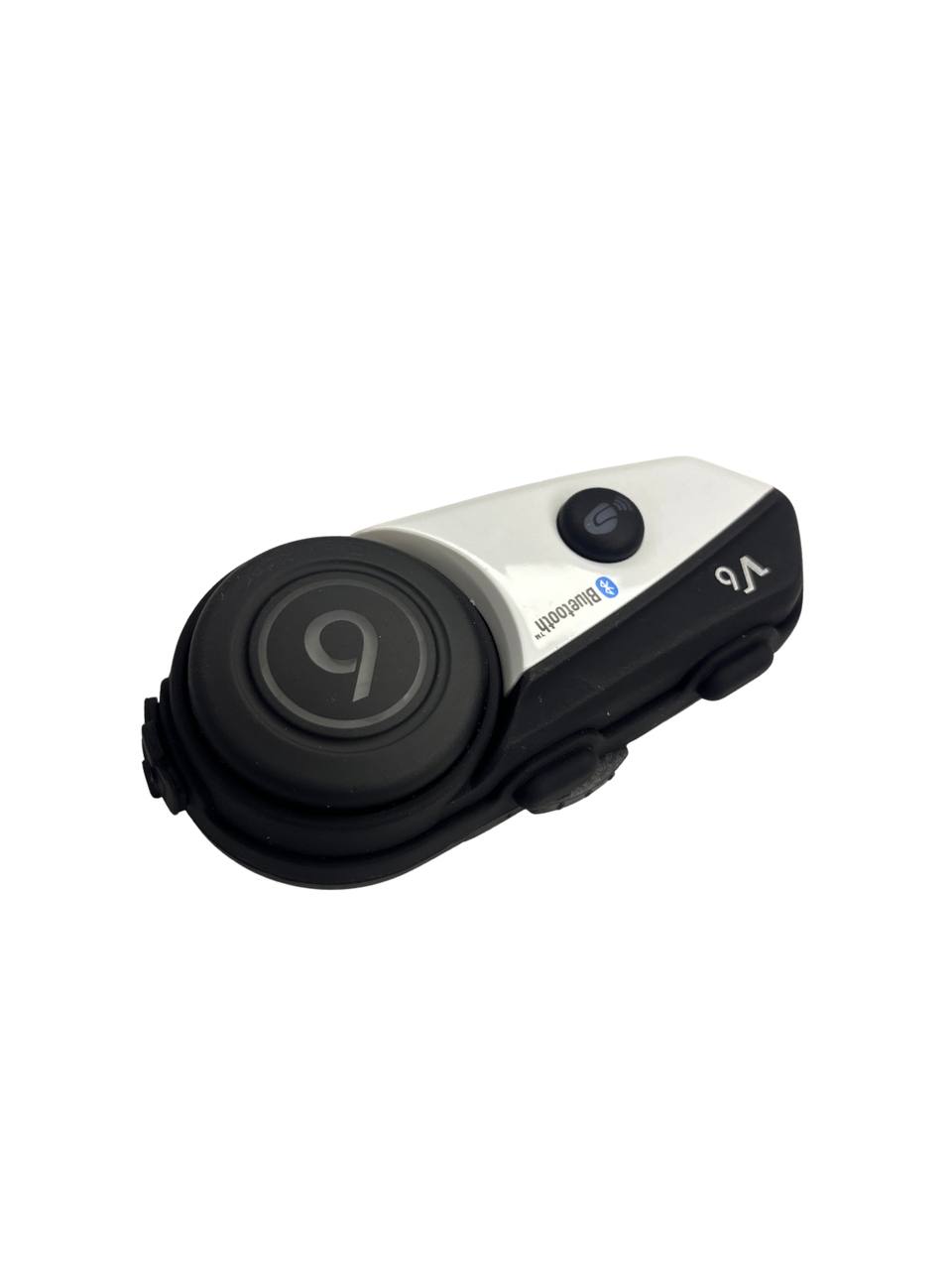 Black and white Bluetooth headset on a white background