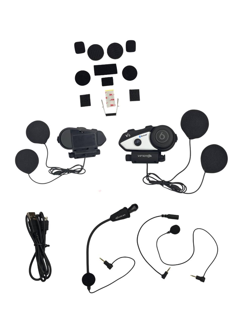 Motorcycle helmet intercom system with accessories on a white background