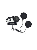 Motorcycle helmet intercom with two earpieces on a white background