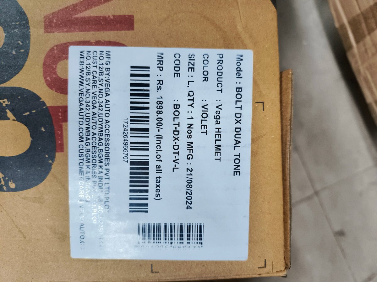 The VEGA Bolt DX Dual Tone Violet helmet features a striking violet and black design, offering both style and safety. Its comfortable interior padding ensures a snug fit, while its durable shell provides strong protection for every ride.