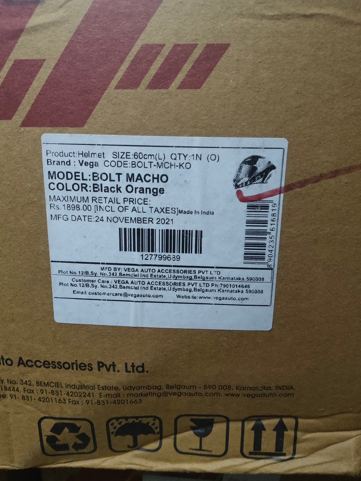 **Vega Bolt Macho Black/Orange** – A stylish and durable helmet designed for maximum safety and comfort. Featuring an aerodynamic shell, scratch-resistant visor, and superior ventilation, it ensures a smooth riding experience. Perfect for everyday riders seeking a blend of protection and style.