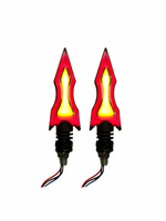 Two red and yellow motorcycle turn signals on a white background