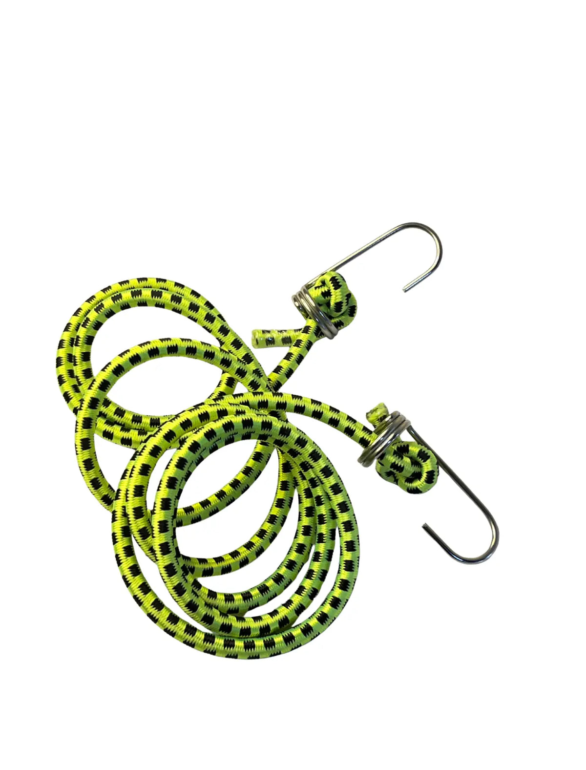 Green and black braided rope with metal hooks on a white background