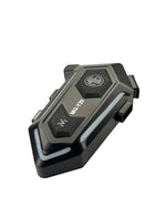 Black and gray motorcycle intercom on a white background