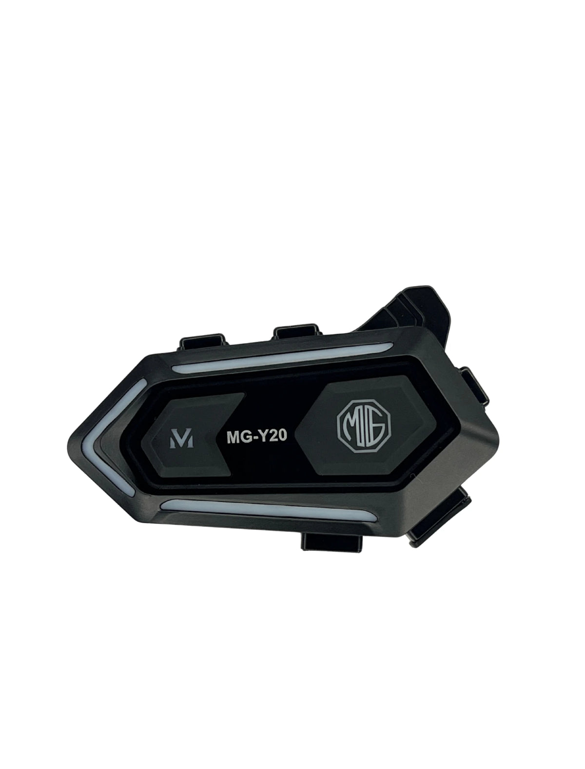 Black motorcycle intercom with MG logo on a white background