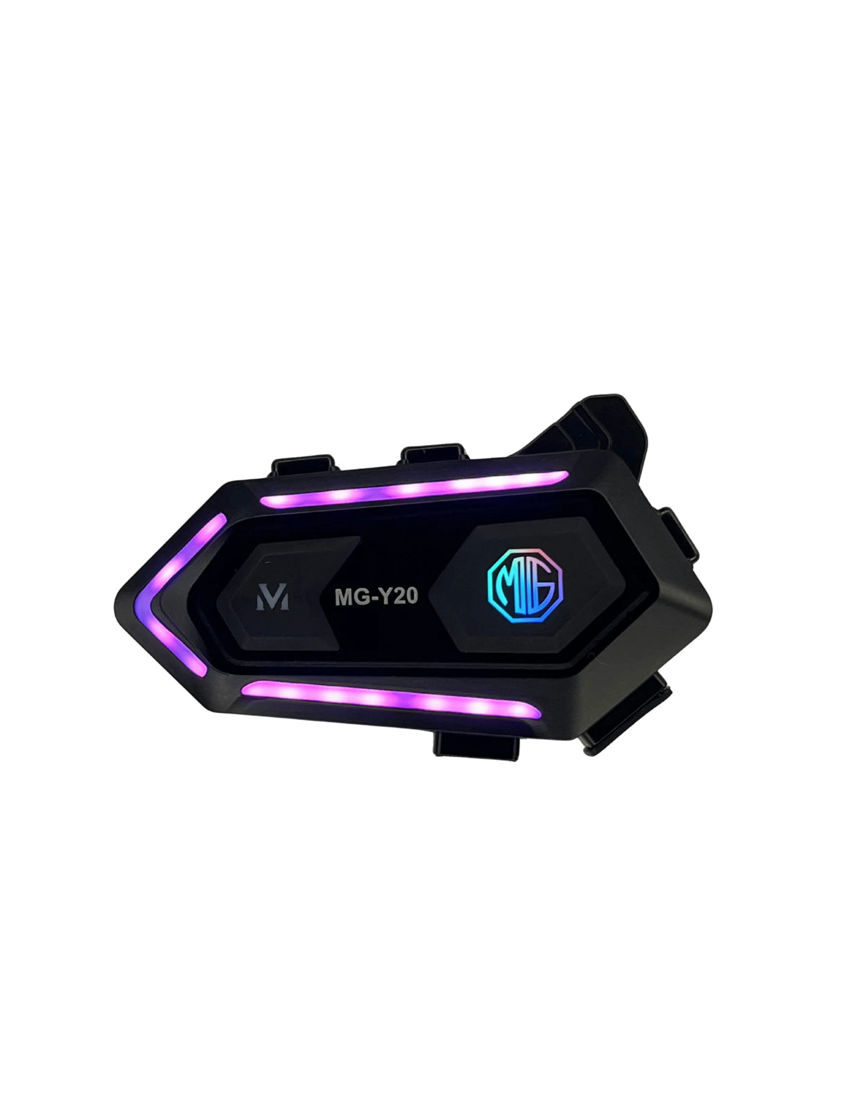 Black motorcycle helmet intercom with colorful LED lights on a white background