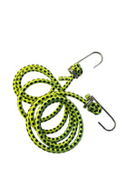 Green and black braided rope with metal hooks on a white background