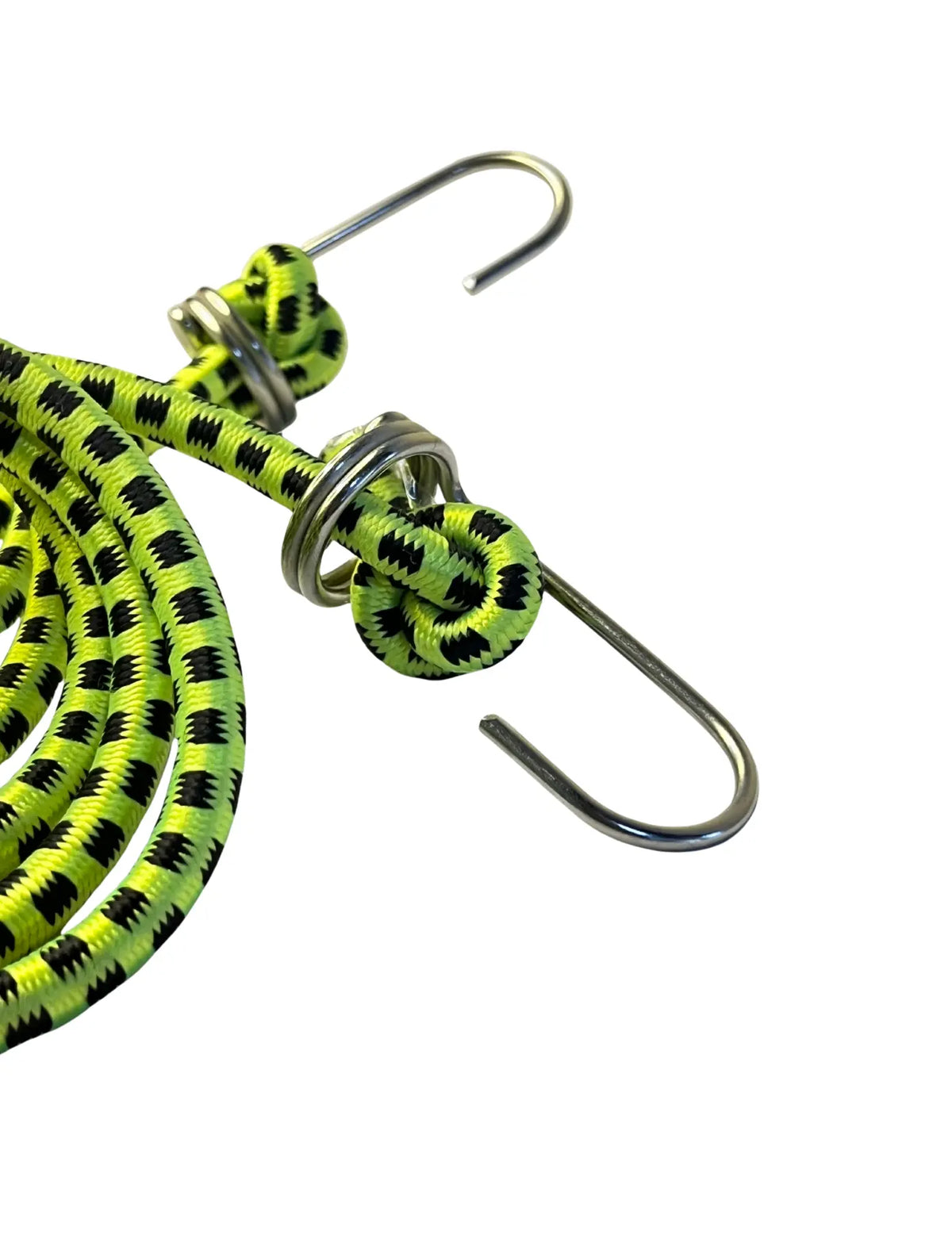 Green and black braided lanyard with metal hooks on a white background