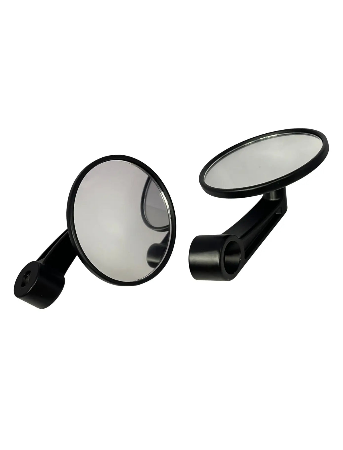 Two round motorcycle mirrors with black brackets on a white background