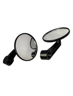 Two round motorcycle mirrors with black brackets on a white background