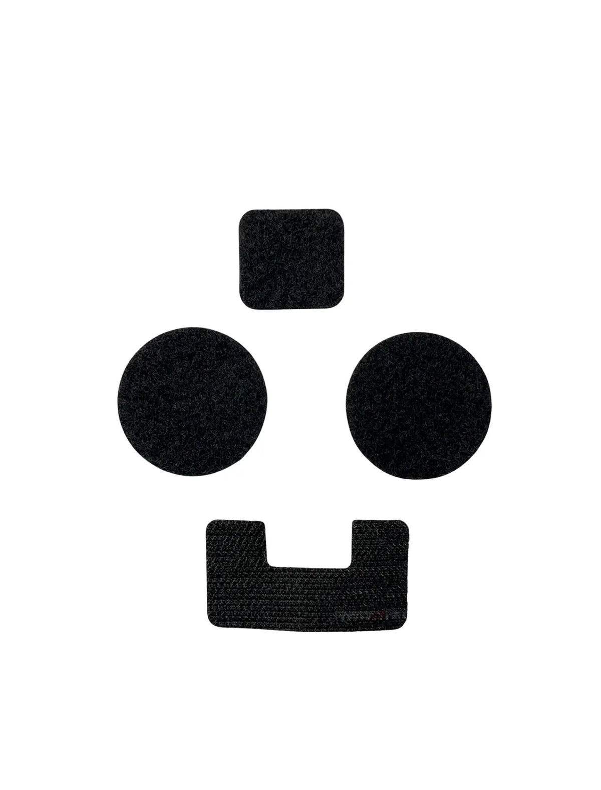 Black smiley face patch on a white background