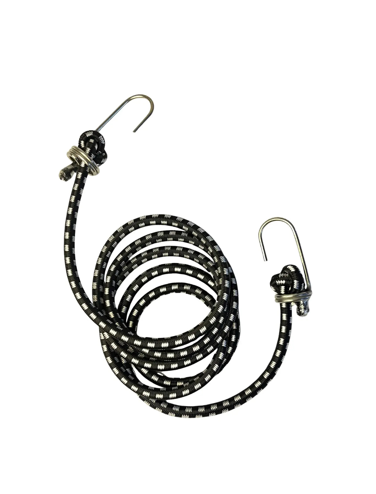 Black rope with metal hooks on a white background