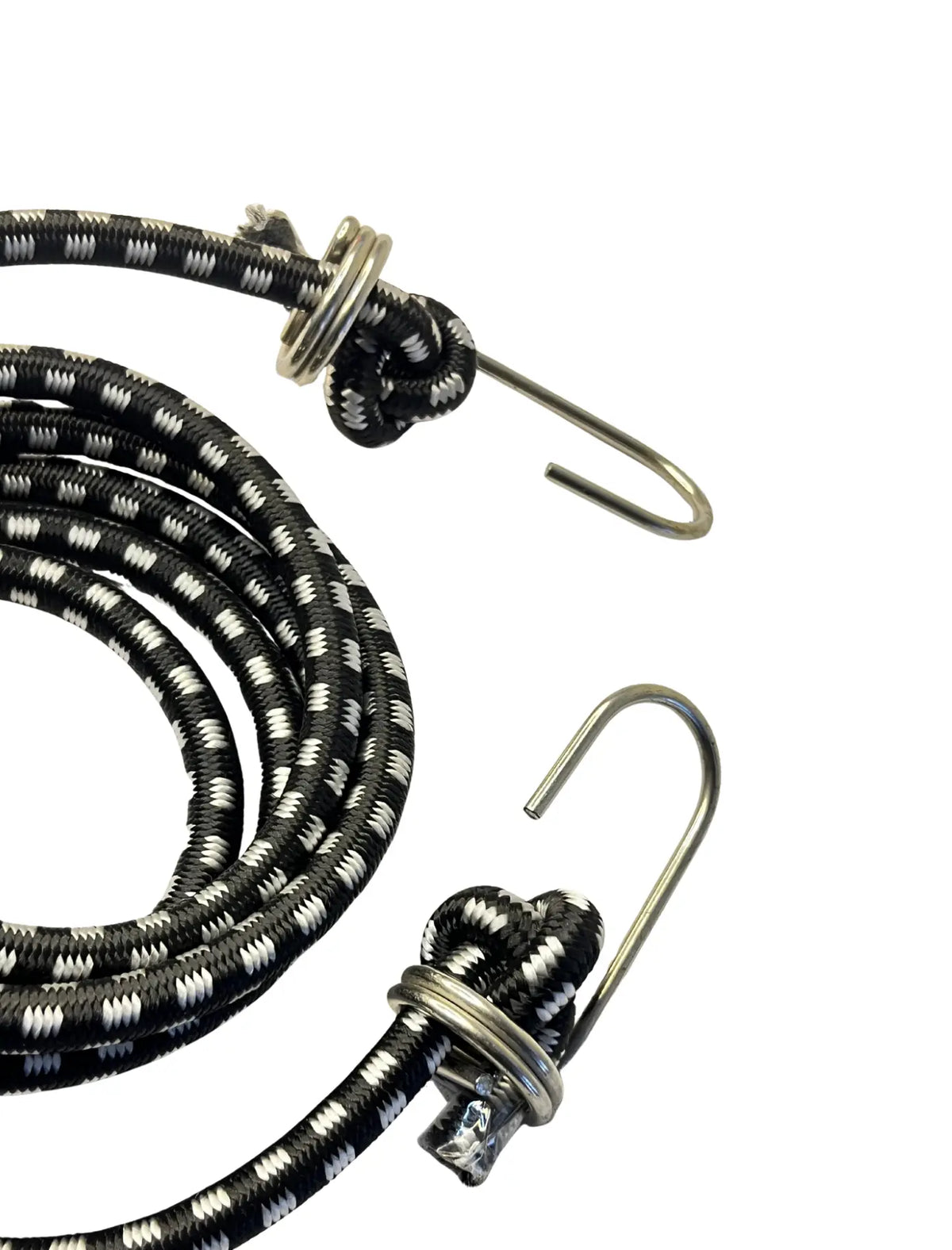 Coiled black and silver rope with metal hooks on a white background