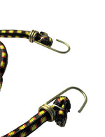 Bungee cord with colorful pattern and metal hooks on a white background