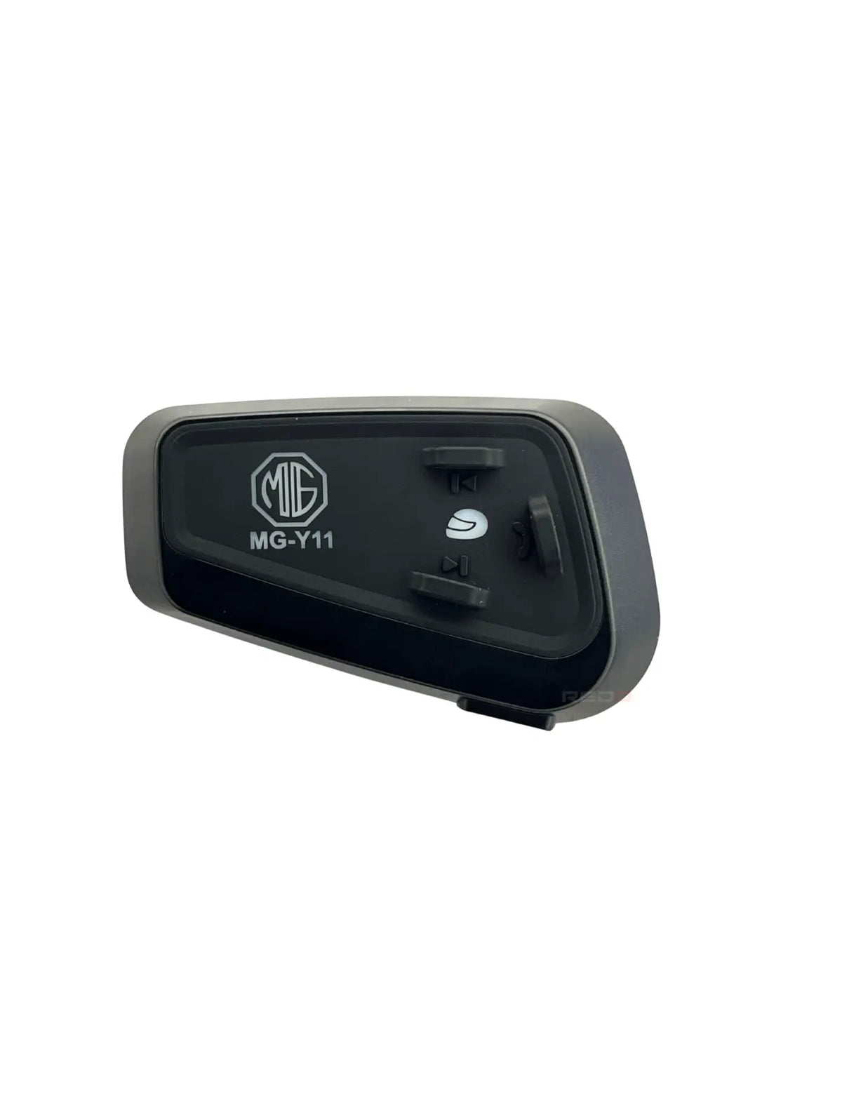 Black motorcycle intercom with MG logo on a white background