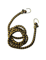 Coiled bungee cord with metal hooks on a white background