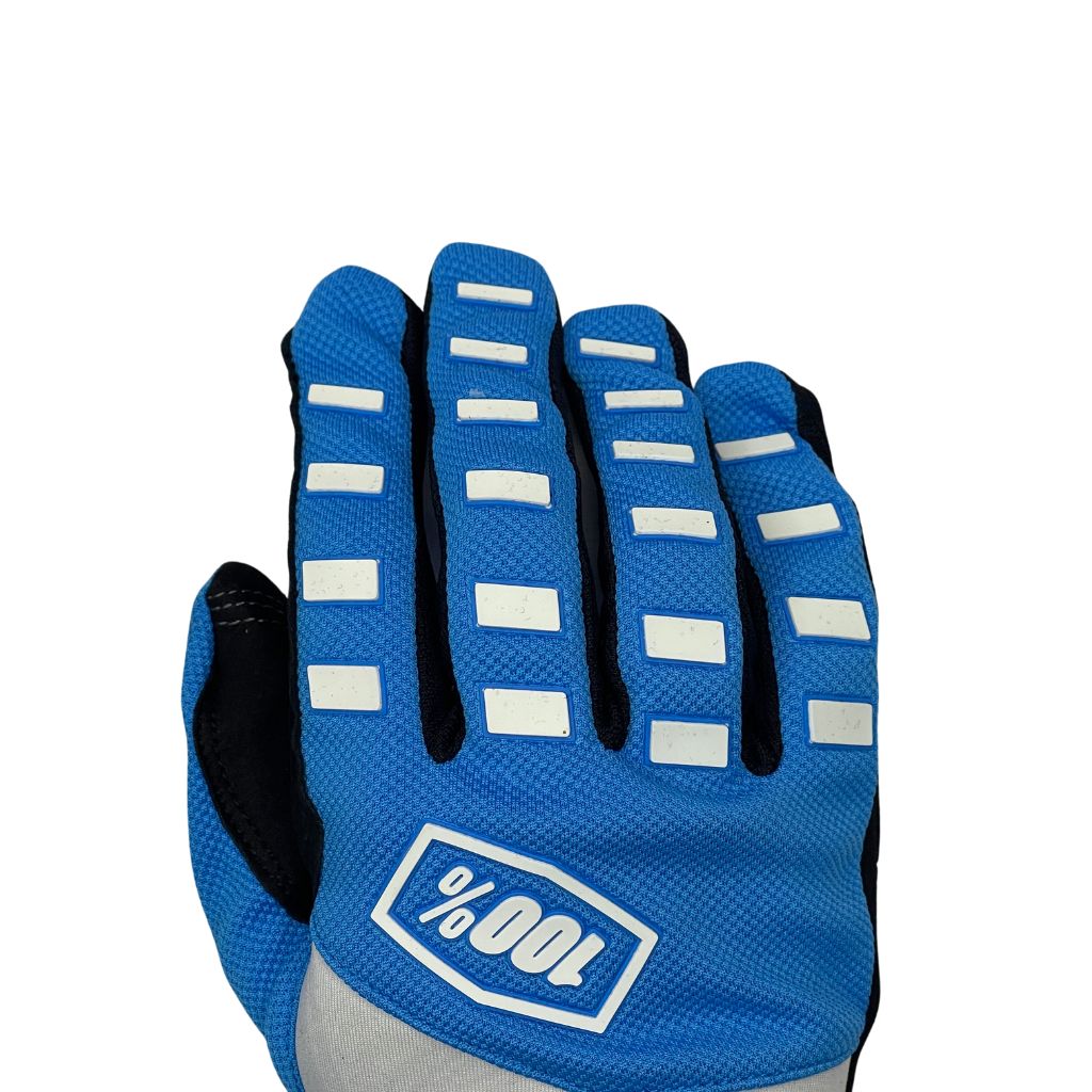 Blue and white padded : gloves with 100% logo, made from cloth material, featuring impact and palm padding, breathable design, adjustable closure, and touchscreen compatibility for track use."