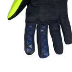 "Blue, white and yellow padded gloves with 100% logo, made from cloth material, featuring impact and palm padding, breathable design, adjustable closure, and touchscreen compatibility for track use."