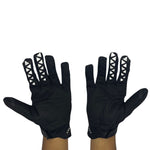 white and black padded gloves with 100% logo, made from cloth material, featuring impact and palm padding, breathable design, adjustable closure, and touchscreen compatibility for track use."