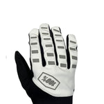 white and black padded gloves with 100% logo, made from cloth material, featuring impact and palm padding, breathable design, adjustable closure, and touchscreen compatibility for track use."