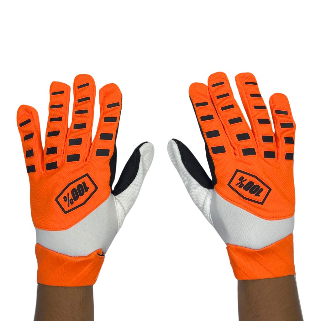 white and orange padded gloves with 100% logo, made from cloth material, featuring impact and palm padding, breathable design, adjustable closure, and touchscreen compatibility for track use."